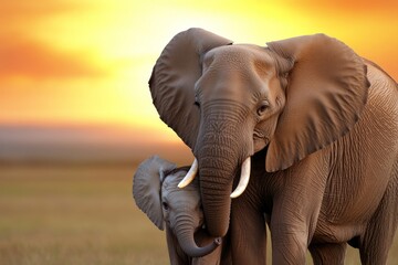 A mother elephant (Elephantidae family) gently wrapping her trunk around her calf in the golden glow of sunset