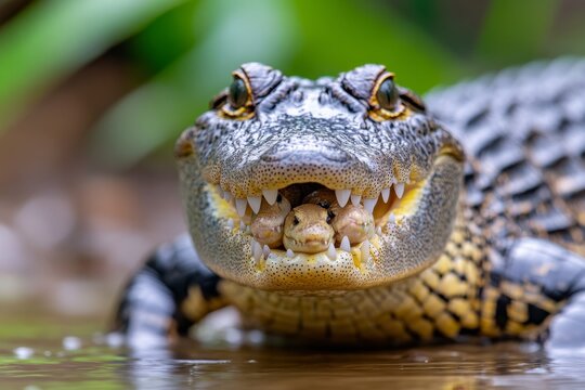 A mother crocodile (Crocodylidae family) carrying her hatchlings gently in her mouth while crossing a river