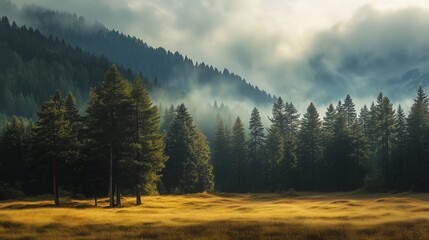 A forest with trees and a field of grass. The sky is cloudy and the sun is shining through the clouds