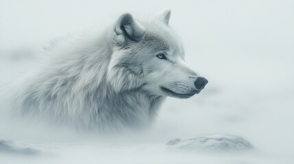 Naklejka premium Majestic arctic wolf in snowy landscape, serene gaze