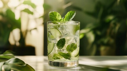 Fototapeta premium A glass of green drink with a sprig of mint on top. The drink is clear and has a refreshing taste