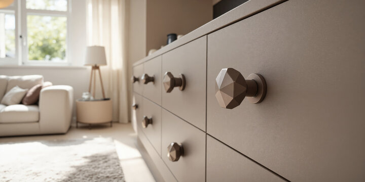 Modern mocha mousse drawer knobs with faceted geometric designs and soft matte textures mounted on taupe storage cabinets. The scene