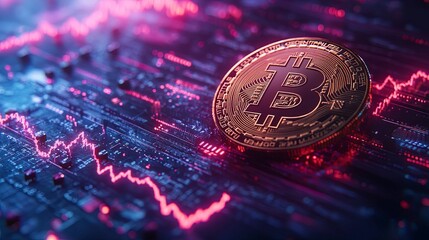 A bitcoin coin sits atop a circuit board with fluctuating cryptocurrency market trends.