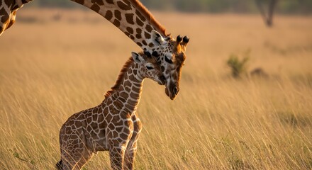 Obraz premium Giraffe mother tenderly touching her calf in the wild savannah