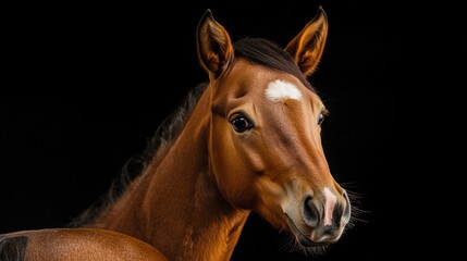 Obraz premium Portrait of a brown horse against a black background