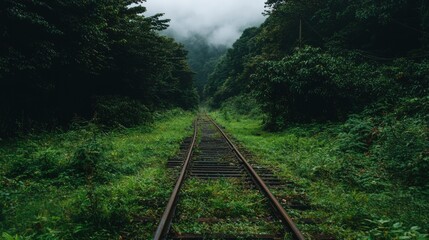 Fototapeta premium Railway Through Forest Misty Hills, Evergreen Trees, Tranquil, Serene, Green Landscape
