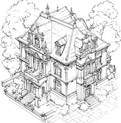 Obraz premium Baroque style Mansion isometric design, Baroque style Mansion illustration art