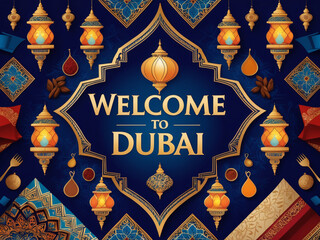 Welcome banner with "Welcome to Dubai" on traditional geometric patterns with candles AI generated