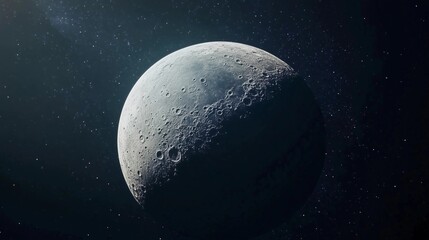 A large, round, grey moon in the night sky. The moon is surrounded by a dark, starry background