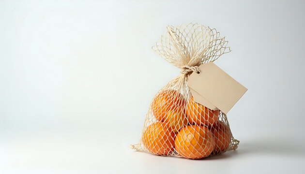 A net bag filled with oranges sitting on top of a table.