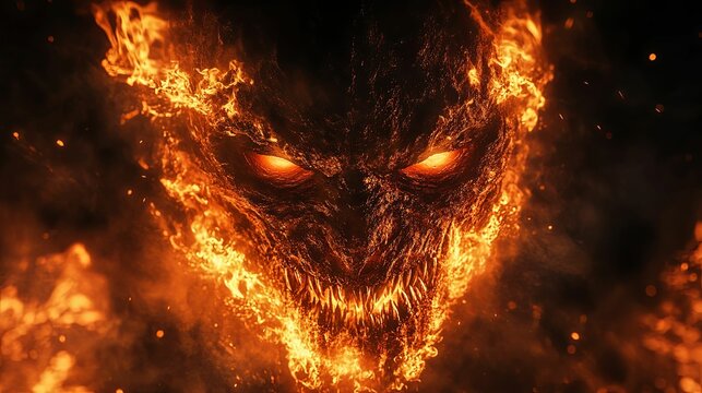 A fiery demon face, engulfed in hellish flames.