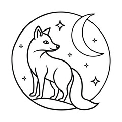 Decorative Fox Illustration in a Night Scene with Crescent Moon and Stars
