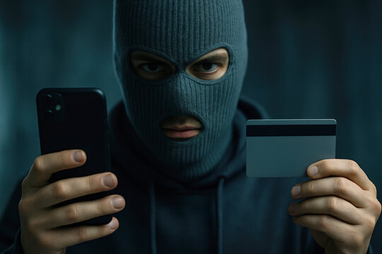 A masked cybercriminal holding a smartphone and credit card, symbolizing phone fraud and theft of banking information. Phone scammer stealing banking data


