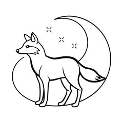 Decorative Fox Illustration in a Night Scene with Crescent Moon and Stars