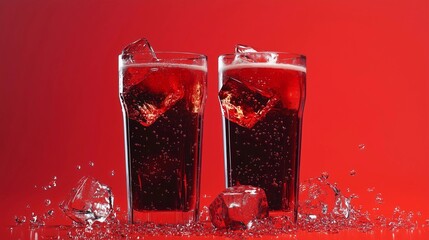 Two glasses of soda with ice cubes in them on a red background. Scene is playful and fun