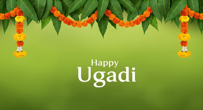 Happy Ugadi celebration background with mango leaves and marigold flower garland, festive decoration for new year greeting card, banner, design, poster, invitation.