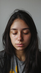 Fototapeta premium Close-up of a young woman with dark hair and closed eyes, showcasing a peaceful expression, symbolizing tranquility and inner peace