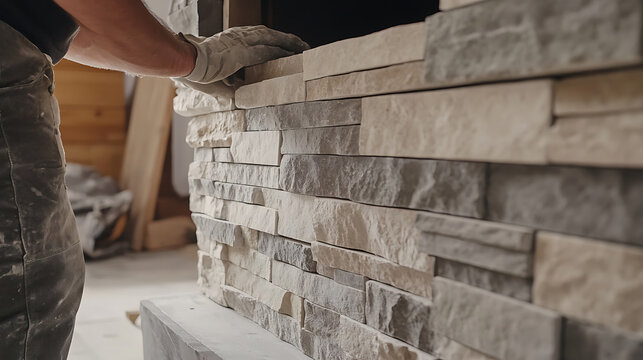 Mason installing decorative stone tiles for a fireplace. Featuring tile installation