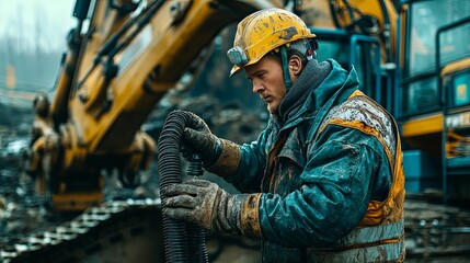 Obraz premium A focused construction worker repairs a heavy-duty hose near heavy machinery.