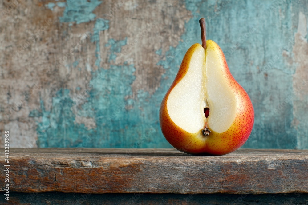Aufkleber a sliced pear showing its delicate seed core, set against a dark rustic background