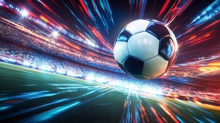 soccer ball in motion, stadium, lights, dynamic, speed lines 