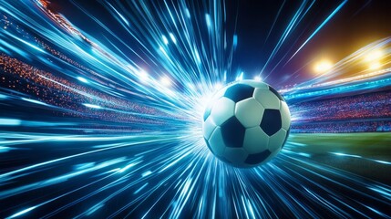 soccer ball in motion, stadium, lights, dynamic, speed lines 