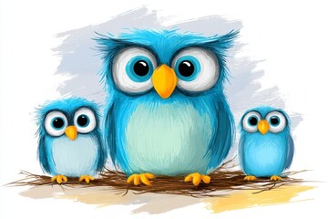 A stylized drawing of a mother owl with baby owls in a nest (Strigidae family)