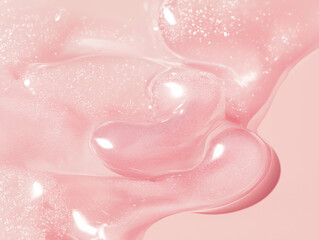 Fototapeta premium close-up view of a pink, gel-like substance. The texture appears glossy and smooth, with a fluid, almost liquid appearance. The gel has a soft pink hue, giving it a delicate and elegant look.