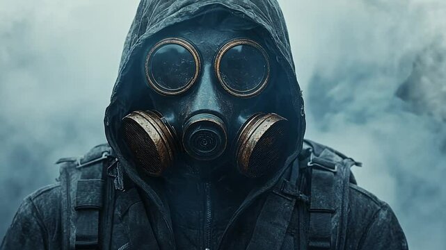 Man with gas mask against smog in dystopian atmosphere - concept of pollution