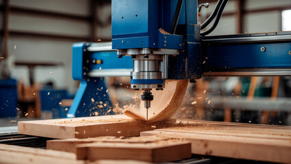 Dynamic cnc router cutting wood with flying sawdust