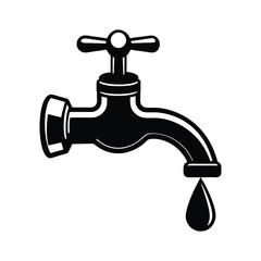 Shiny chrome faucet with a clear water drop isolated on white, faucet with water drop, isolated plumbing icon