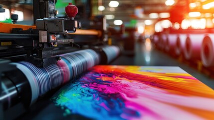 Industrial printing press producing vibrant artwork in a factory setting