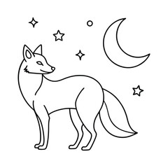 Decorative Fox Illustration in a Night Scene with Crescent Moon and Stars