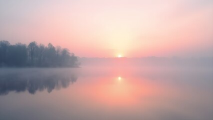 Obraz premium Soft Light at Sunrise over Still Lake Waters with Reflections and Mist, Tranquil Nature Scene