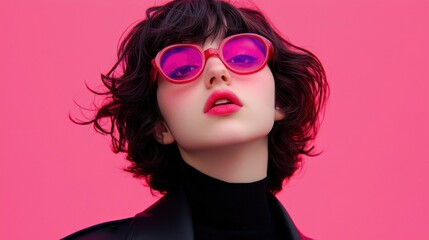 Obraz premium Woman posing with pink sunglasses on a vibrant pink studio backdrop