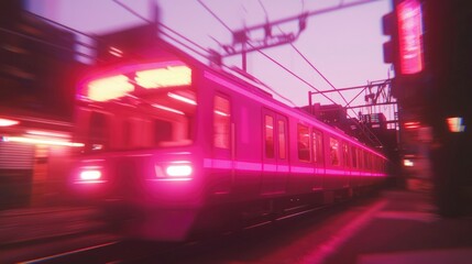 Train moving quickly along tracks through urban area at dusk, motion blur effect