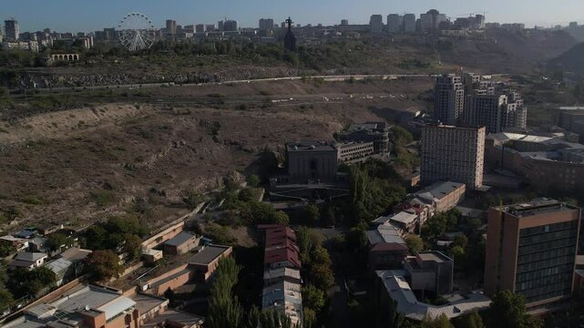 Aerial view of Yerevan, Armenia, highlighting the cityscape with the iconic Matenadaran building