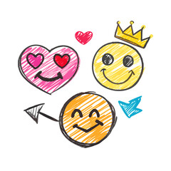 Smile brush hand drawn vector element set. Emoji fun face, heart, crown symbol crayon texture marker background kid sketch style hand drawn element. Color smiley face, arrow. Vector illustration