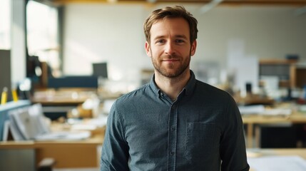 Obraz premium A young European male engineer stands confidently in his modern office. He is smiling, dressed casually, surrounded by a dynamic workspace, embodying professionalism and creativity.