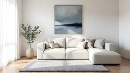 Elegant minimalist living room with beige sofa, plant, and abstract art. Modern interior design.