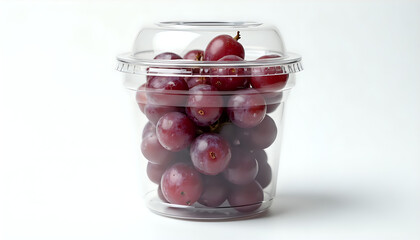 A clear plastic container filled with purple grapes on a white surface.