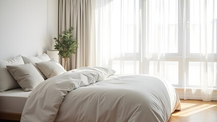 Naklejka premium Sunlit Modern Bedroom Interior with Bed, Pillows, and Natural Light Through Sheer Curtains