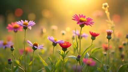 Fototapeta premium Vibrant Daisies Blooming in a Sunny Meadow at Dawn