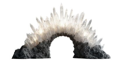 Png of Stunning crystal formation arching gracefully over textured stone base, illuminated to reveal its ethereal beauty.