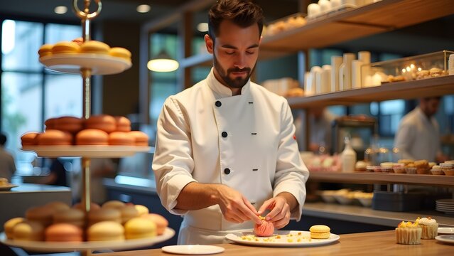 Pastry chef meticulously preparing a gourmet dessert with expertise at a bakery kitchen.