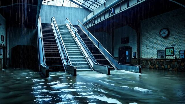 An escalator in a flooded subway station with water coming out of it