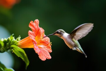 Fototapeta premium Hummingbird feeding on vibrant orange flower in lush garden setting, bokeh background