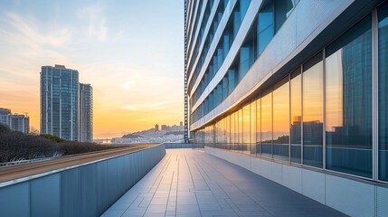 Skyscraper Urban Sunset Landscape, City Skyline Glass Facade	