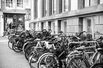 Bicycles Parked on a Street in Central Amsterdam in Netherlands