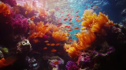 Obraz premium An underwater shot of schooling fish swimming among colorful coral reefs
